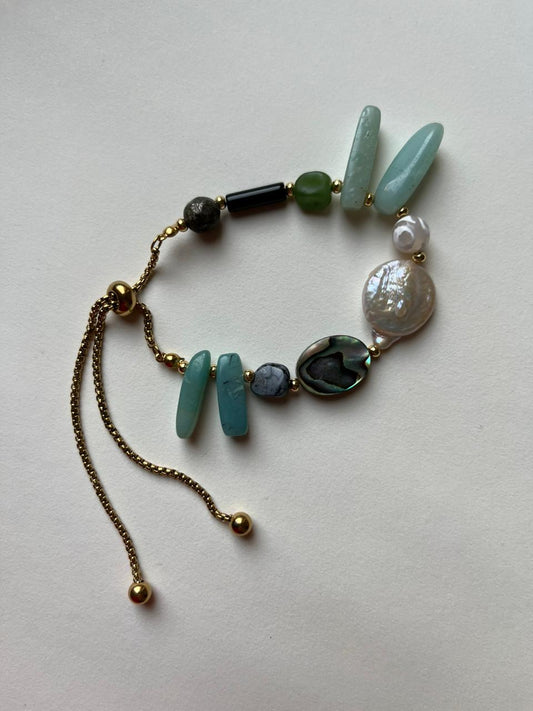 Natural Amazonite and Obsidian Gemstone Bracelet